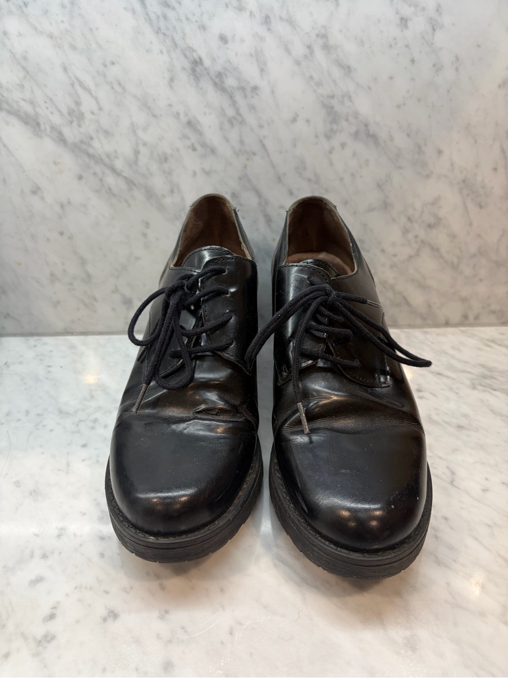 Bryan Stepwise Black Leather Lace Up Oxford Heels Size 38 Made in Spain